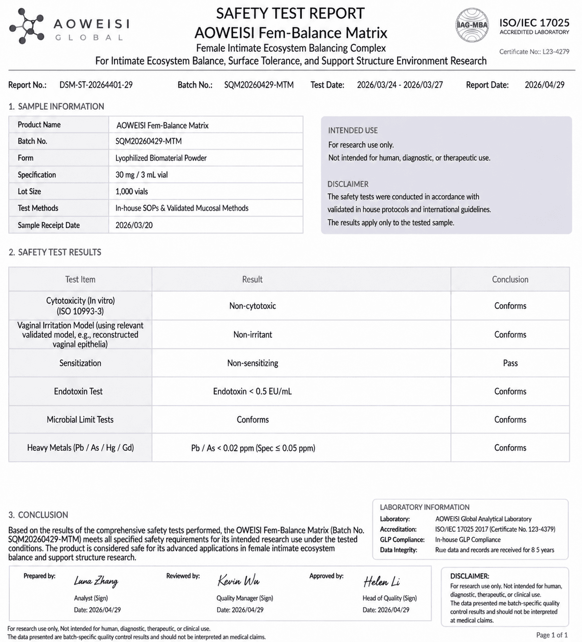 AOWEISI FEM safety report